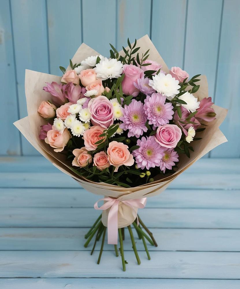 Букет цветов из: Хризантемы, Розы и Альстромерии в Тургенево