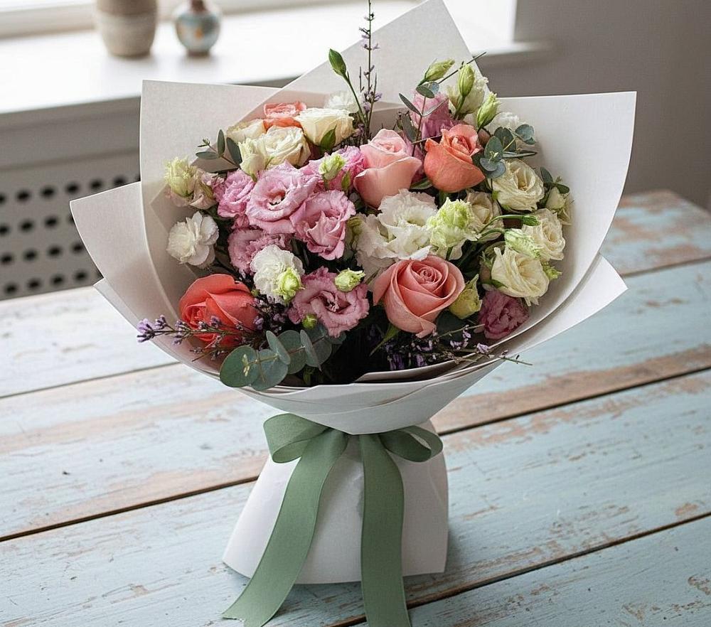 Букет цветов из: Розы, Лизиантусы и Гвоздики в Тургенево