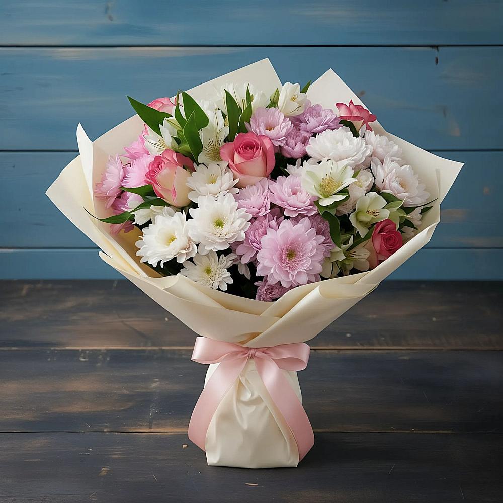 Букет цветов из: Хризантемы, Альстромерии и Розы в Тургенево